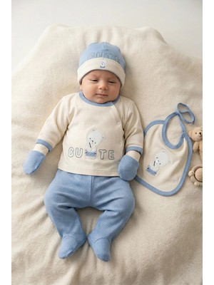 Zeynuko Erkek Bebek Cute Bear %100 Pamuk 0-3 Ay 5'li Yenidoğan Hastane Çıkışı Zıbın Seti