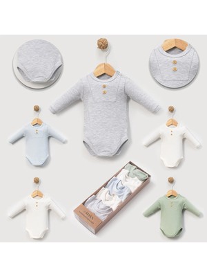 Zeynuko Bebek Uzun Kollu %100 Pamuklu Raporlu Bisiklet Yaka Çıtçıtlı Body&zıbın 5'li Takım Set