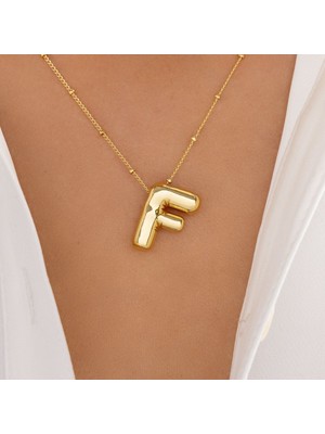 Stainless Stell F Harf Bubble Çelik Gold Kolye