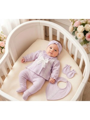 Zeynuko Kız Bebek Dantel Fiyonklu 0-3 Ay 5'li Yenidoğan Hastane Çıkışı Zıbın Seti