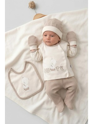 Zeynuko Erkek Bebek Cute Bear %100 Pamuk 0-3 Ay 5'li Yenidoğan Hastane Çıkışı Zıbın Seti