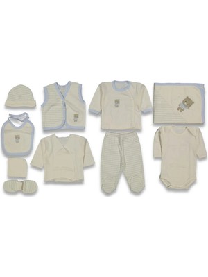 Zeynuko Erkek Bebek Baby Ayıcık Nakış %100 Pamuk 10'lu Yenidoğan Hastane Çıkışı Zıbın Seti Kutulu