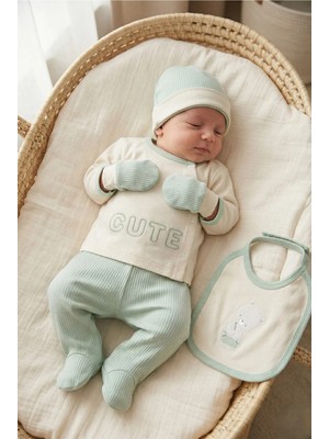 Zeynuko Erkek Bebek Cute Bear %100 Pamuk 0-3 Ay 5'li Yenidoğan Hastane Çıkışı Zıbın Seti