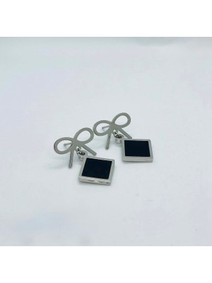 Stainless Stell Stainles Steel 316L Çelik Gold Fiyonk Detaylı Siyah Sallantılı Küpe