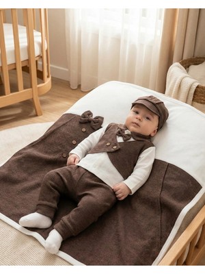 Zeynuko Erkek Bebek Waffle 7'li Yenidoğan Hastane Çıkışı Zıbın Seti Kahverengi Desenli
