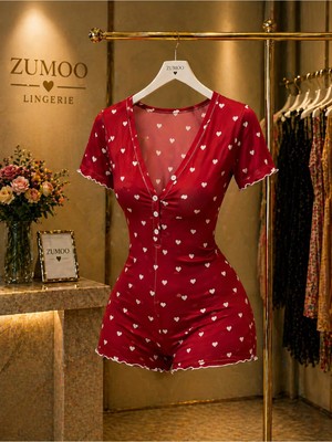 Zumoo Kalp Desenli Kadın Tulum Pijama Düğmeli Şort Tulum Ev Giyim Rahat Şık