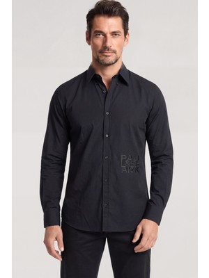 Paul & Shark Erkek Slim Fit Beli Logo Işlemeli Pamuklu Uzun Kollu Siyah Gömlek 26413812-011