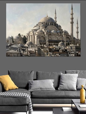 Tablomega Tarihi Cami ve Şehir Silüeti Dekoratif Kanvas - Mdf Ahşap Tablo