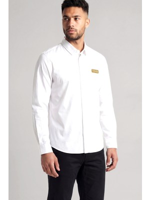Versace Erkek Metalik Logo Detaylı Normal Kalıp Pamuklu Uzun Kollu Beyaz-Altın Gömlek 80GALCS1 CNY17-G03