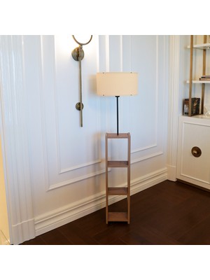 Homing Dekoratif Raflı Vizon Kumaş Lambader Ahşap Ayaklı Modern Tasarım Salon Aydınlatması