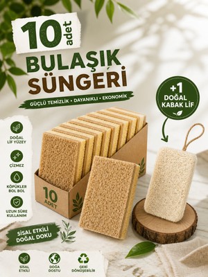 Duff Clean 10’lu Bulaşık Süngeri Seti + Doğal Kabak Lif (Bulaşık Için) | Doğal Lif Yüzeyli, Dayanıklı, Mutfak Temizlik Seti