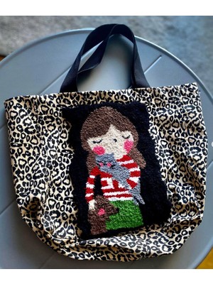 Sepetciliz Punch Nakışlı Çanta, Leopar Tote Çanta, Kedili Omuz Çantası,punch Nakışlı Leoparçanta