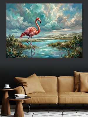 Tablomega Deniz Kıyısında Tek Pembe Flamingo Dekoratif Kanvas - Mdf Ahşap Tablo