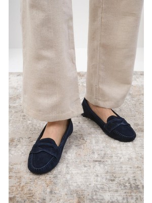 Mio Gusto Capri Hakiki Süet Lacivert Renk Kadın Loafer Ayakkabı