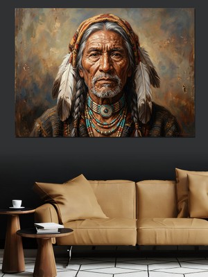 Tablomega Aksesuarlı Yaşlı Kızılderili Reisi Portresi Dekoratif Kanvas - Mdf Ahşap Tablo