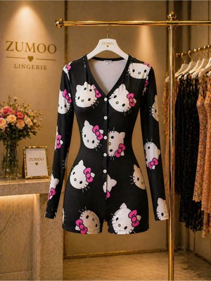 Zumoo Desenli Kadın Tulum Pijama Düğmeli Uzun Kollu Şort Tulum Ev Giyim Rahat