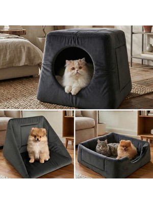 Nuvori Üçü Bir Arada Kedi Köpek Yatağı-  Oyun Evi - Üç Fonksiyonlu Kedi ve Küçük Irk Köpekler Için Yatak-Minder-Yuva - Lux