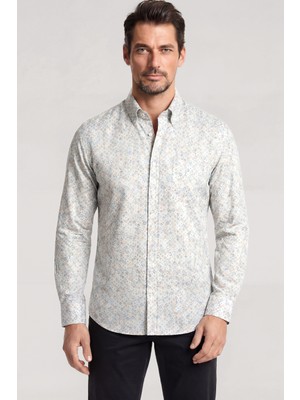 Paul & Shark Erkek Slim Fit Desenli Cep Detaylı Uzun Kollu Keten Bej Gömlek 26413098-G61