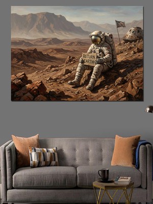 Tablomega Çöl Yüzeyinde Oturan Yalnız Astronot Dekoratif Kanvas - Mdf Ahşap Tablo