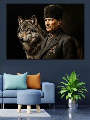 Tablomega Atatürk ve Yanındaki Sadık Kurt Dekoratif Kanvas - Mdf Ahşap Tablo