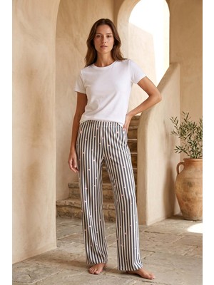 Remsa Büyük Beden Kadın Çizgili Kalp Desen Viskon Kumaş Penye Battal Tek Pijama Alt 23 GRI01