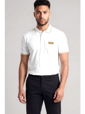 Versace Erkek Regular Fit Pamuklu Kolarında Şerit Desenli Kısa Kollu Beyaz T-Shirt 80GAGT05 CJ01T-G03