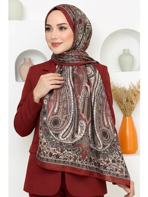 Hadiora Kadın Bordo Kahve Şal Desenli Organik Pamuk Soft Şal