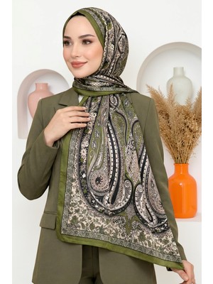 Hadiora Kadın Zeytin Yeşili Şal Desenli Organik Pamuk Soft Şal