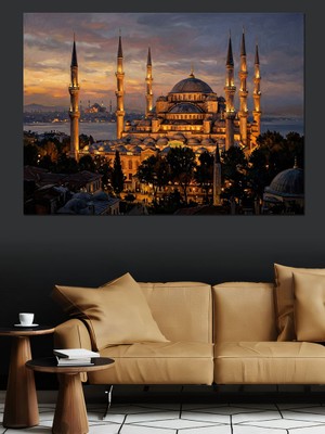 Tablomega Gece Yarısı Işıklandırılmış Sultanahmet Camii Dekoratif Kanvas - Mdf Ahşap Tablo