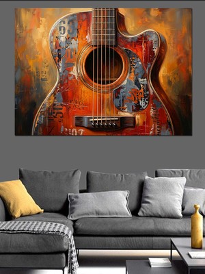 Tablomega Renkli Desenli Akustik Gitar Sanatı Dekoratif Kanvas - Mdf Ahşap Tablo