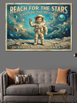 Tablomega Astronot ve Reach For Stars Dekoratif Kanvas - Mdf Ahşap Tablo