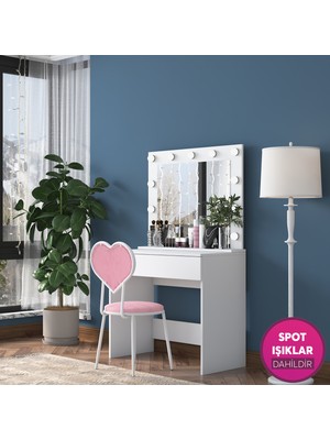 Rani BJ182 Hollywood Işıklı Aynalı Makyaj Masası Kalpli Sandalye Takım Beyaz