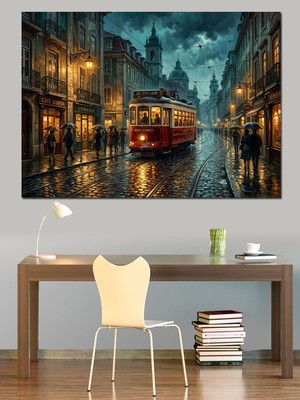 Tablomega Yağmurlu Gecede Kırmızı Istanbul Tramvayı Dekoratif Kanvas - Mdf Ahşap Tablo