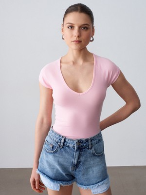 Dilvin 32894 V Yaka Fit T-Shirt-Toz Pembe