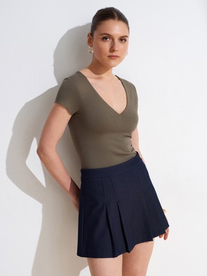 Dilvin 32840 V Yaka Basic T-Shirt-Haki