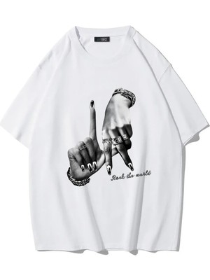 Brz Collection Unisex Oversize Rock The World T-Shirt (Beyaz)