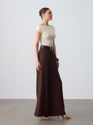 Dilvin 72692 %100 Lyocell Pileli Geniş Paça Pantolon-Kahve