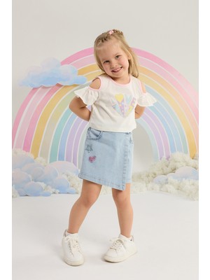 Minycenter Kız Çocuk Love Desenli Crop Tişört 2 Yaş-6 Yaş Beyaz