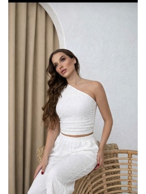 Xenthe Siyah Yeni Sezon Kadın Gofre Kumaş Tek Omuz Crop-Bol Paça Pantolon Sezon Trendi Ikili Takım
