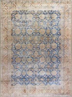 Pera Halı Mavi ve Bej Eskitme Desenli Vintage Halı - Outlet - 50025BOU