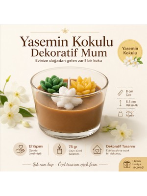 Tişört Kodu Yasemin Kokulu El Yapımı Dekoratif Cam Mum – Çiçek Tasarımlı, 78 gr