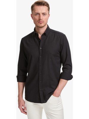 Pierre Cardin Erkek Siyah %100 Pamuk Keten Görünümlü Slim Fit Uzun Kollu Gömlek 50325355-VR046