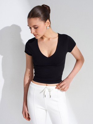 Dilvin 32840 V Yaka Basic T-Shirt-Siyah