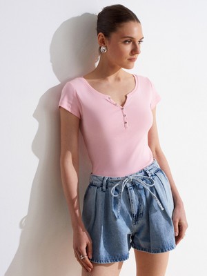 Dilvin 32688 %100 Pamuk Basic T-Shirt-Toz Pembe