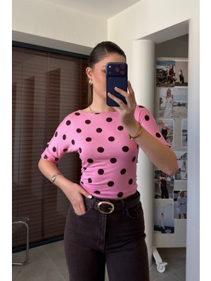 Magarde Yeni Sezon Yarım Kol Puantiye Detay Bluz- Pembe