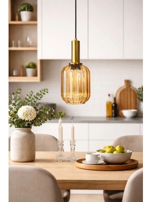 Mars Concept Modern Amber Cam Tekli Sarkıt Avize Gold Metal Gövdeli Dekoratif Mutfak & Salon Avizesi