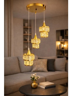 Mars Concept Gold Kristal Taşlı 3'lü Sarkıt Avize | Modern Dekoratif Salon Avizesi