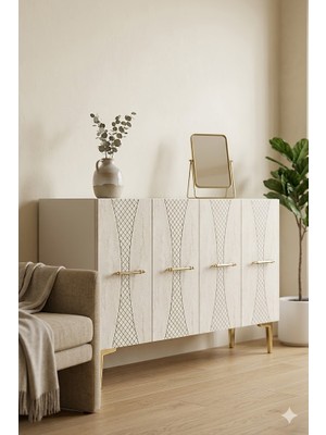 Ceneyra KA1232BTG Slim Konsol ve Tv Sehpası Beyaz-Traverten -Gold 120CM
