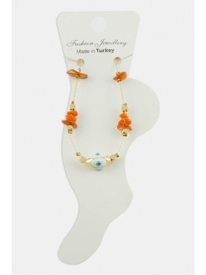 Adata Jewelry Doğal Taşlı Nazar Boncuğu Model Halhal Turuncu 22 cm