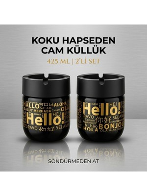 LE Paris Hello Baskılı 2 Adet Cam Kokusuz Küllük | Dumansız | Rüzgar Önleyici Kapaklı Dekoratif Cam Küllük | 425 ML | Siyah
